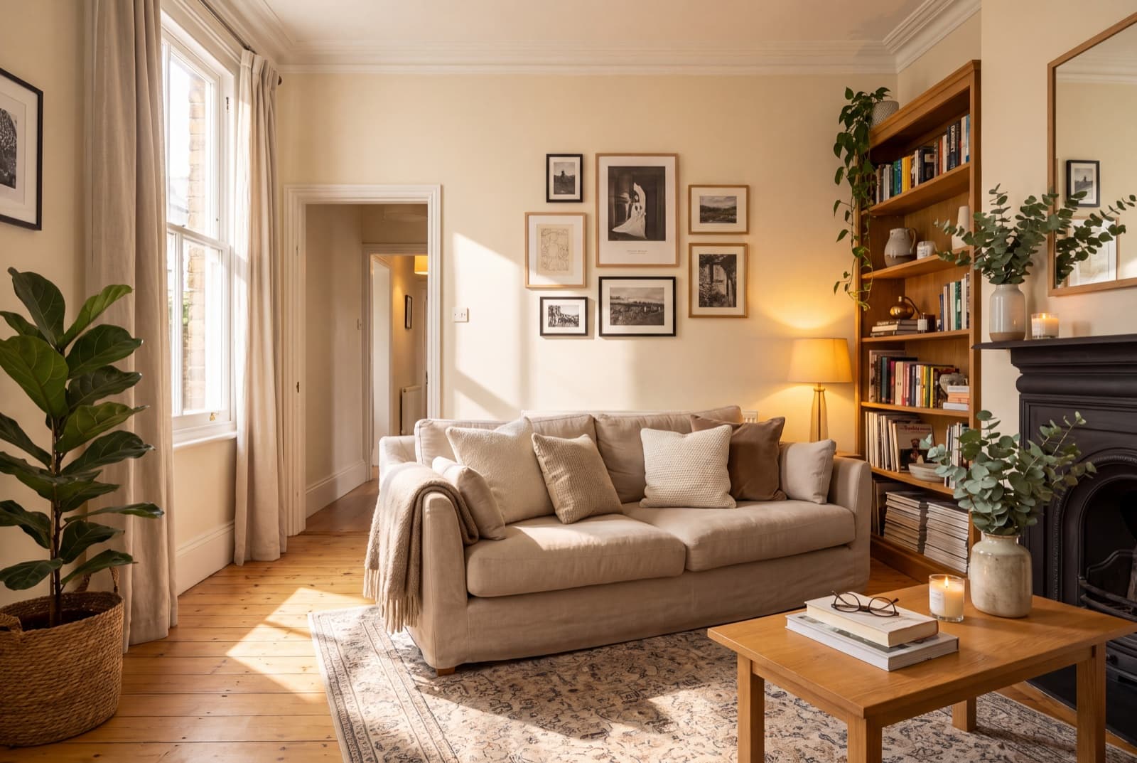 A freshly cleaned London living room with a linen sofa, full bookshelf and warm morning light across the floor